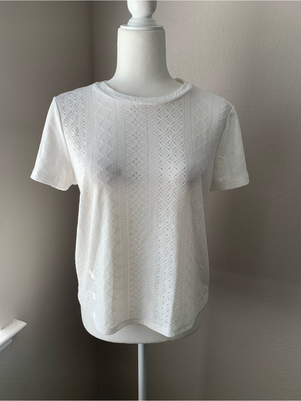 SHEIN White Eyelet Short Sleeve Knit Tee